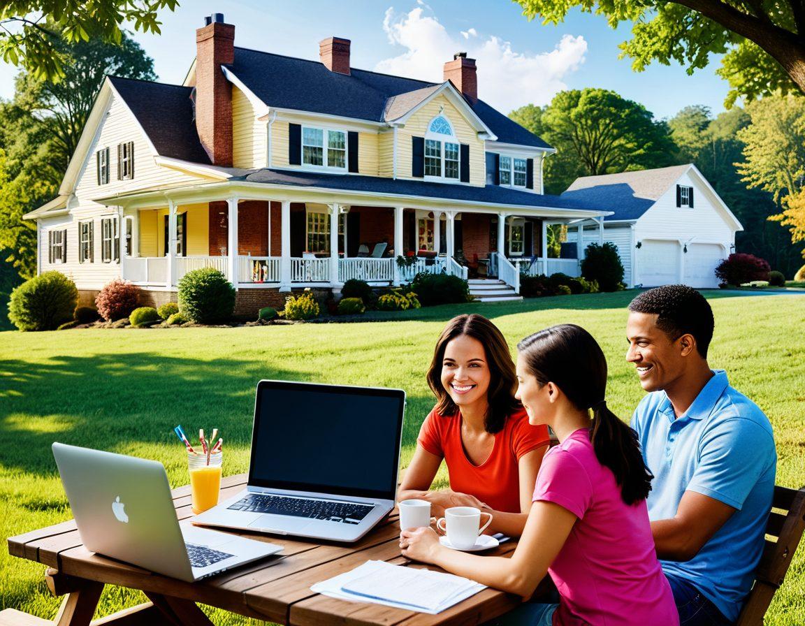 A cozy Virginia landscape featuring a family happily discussing their insurance options at a picnic table, with an open laptop displaying colorful graphs of coverage options. In the background, rolling hills and quaint homes symbolize community and financial security, while dollar signs and shield icons subtly overlay to represent affordable insurance. Warm sunlight creates an inviting atmosphere. super-realistic. vibrant colors. peaceful background.