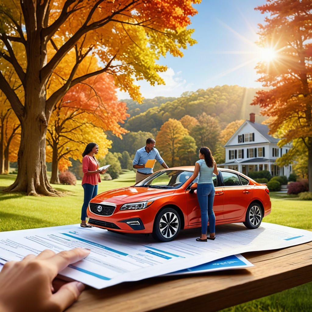 A vibrant collage showcasing various insurance options, featuring an auto insurance policy, a health insurance card, and a scenic background of Virginia's rolling hills. In the foreground, diverse individuals, including a family and a young couple, discuss their choices animatedly. Soft sunlight filters through trees, symbolizing clarity and guidance in decision-making. Bright colors enhance the warmth and accessibility of the options presented. super-realistic. vibrant colors. digital art.