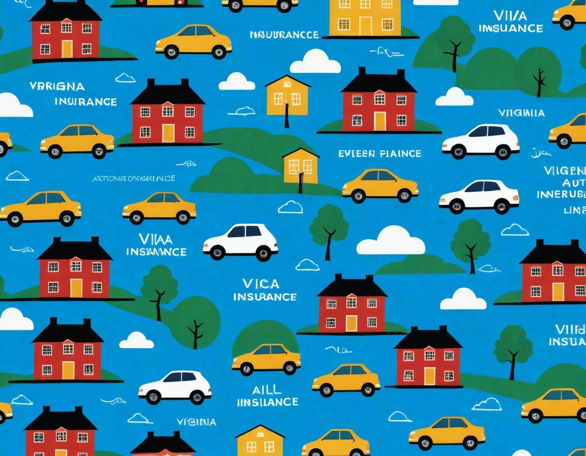 A collage of diverse insurance icons representing Virginia's policies, including home, auto, health, and life insurance, intertwined with the Virginia state outline. The background should feature a scenic Virginia landscape, with rolling hills and a clear blue sky to emphasize security and protection. Incorporate text snippets of key insurance terms subtly in the background for added depth. digital illustration. vibrant colors. clean lines.